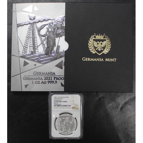 259 - 2021 1oz Silver Proof 5 Marks, Lady Germania. A private issue by the Germania Mint who produce some ... 