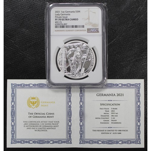 259 - 2021 1oz Silver Proof 5 Marks, Lady Germania. A private issue by the Germania Mint who produce some ... 