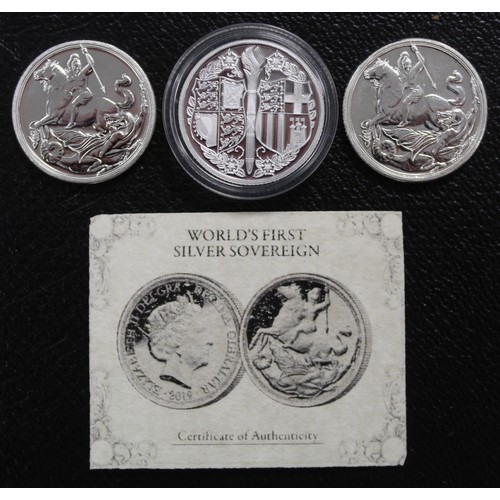 261 - Gibraltar 2019 & 2021 silver sovereigns (3) Struck to BUNC standard with the latter cased. The t... 