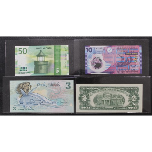 3 - A small selection of world banknotes (4) to include USA $2, Norway 50 Kroner, Hong Kong $10 & Co... 