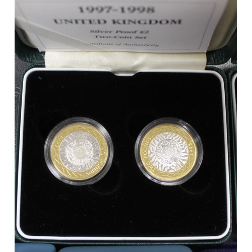 220 - Proof Silver Decimal Assortment. All cased. Some foxing. £2 1997 & 1998. 1997 50p, Large and Sma... 