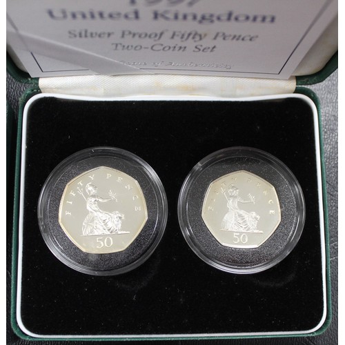 220 - Proof Silver Decimal Assortment. All cased. Some foxing. £2 1997 & 1998. 1997 50p, Large and Sma... 