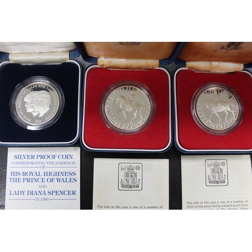 230 - Silver Proof Coins (10). 1977 Silver Jubilee Crown x 3.Golden Wedding £5. 1981 Diana & Charles W... 