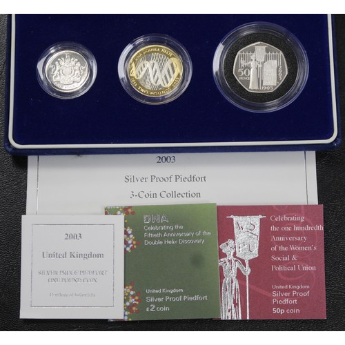 227 - 2003 Silver proof piedfort 3-coin set in blue presentation case including Suffragette 50p & DNA ... 