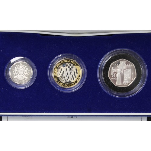 227 - 2003 Silver proof piedfort 3-coin set in blue presentation case including Suffragette 50p & DNA ... 