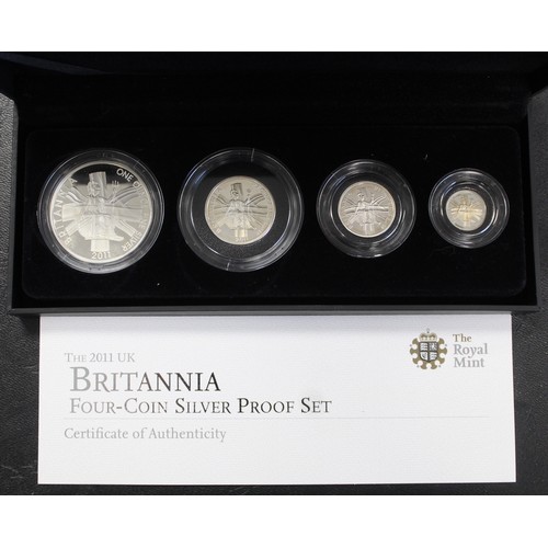 243 - 2011 Silver proof Britannia 4-coin set. Some light toning/hazing particularly to the 1/2oz, 1/4oz &a... 