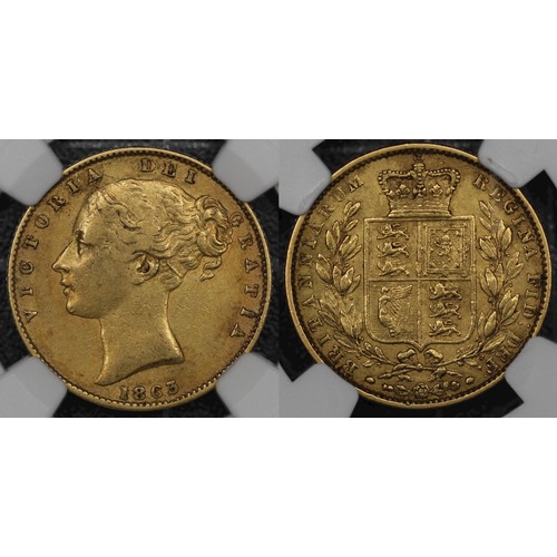 138 - 1863 Sovereign, Victoria young head, no die number. Graded NGC XF40, the date partially recut with a... 