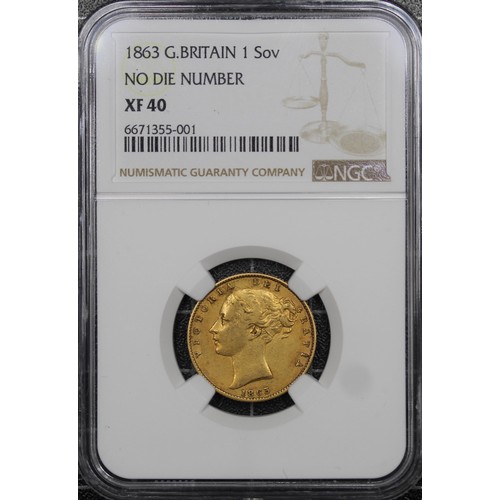 138 - 1863 Sovereign, Victoria young head, no die number. Graded NGC XF40, the date partially recut with a... 