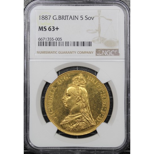 149 - 1887 Gold 5 pounds or quintuple sovereign, Victoria. Graded NGC MS63+ and a premium level coin as su... 