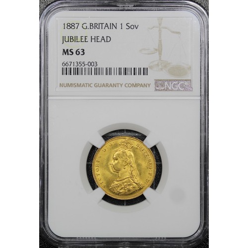 139 - 1887 Sovereign, Victoria. Graded NGC MS63 with much lustre and excellent eye appeal.