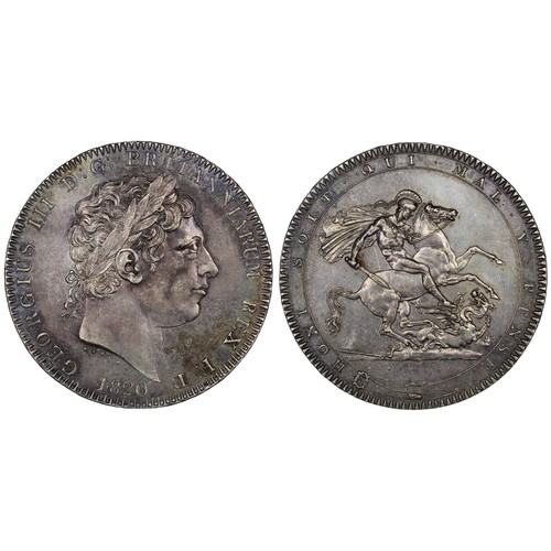 85 - 1820 Crown, George III, edge LX. A few surface marks and lightly hairlined. Underlying rainbow hues,... 