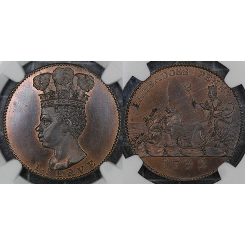 284 - Barbados, 1792 Proof Penny Restrike in copper. Graded PF64BN, somewhat harshly on colour designation... 