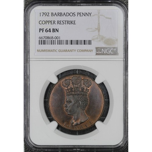 284 - Barbados, 1792 Proof Penny Restrike in copper. Graded PF64BN, somewhat harshly on colour designation... 