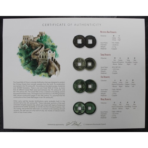 286 - China, a cased set of four 1 cash coins from the Western Han, Tang, Jin & Ming Dynasties. The co... 