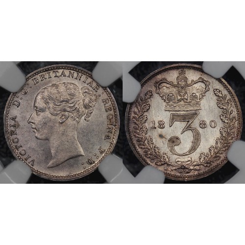 39 - 1880 Maundy Set, Victoria. Obv. young head, rev. crowned denominations dividing date. Graded NGC MS6... 