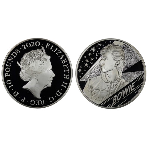 233 - 2020 David Bowie silver proof 5oz £10 coin, part of the Music Legends series. Complete with large pr... 