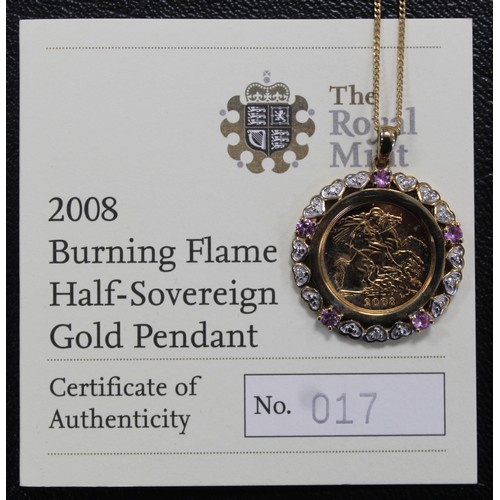 137 - The 2008 Burning Flame Half-Sovereign Gold Pendant. An official Royal Mint issue comprising a 2008 h... 