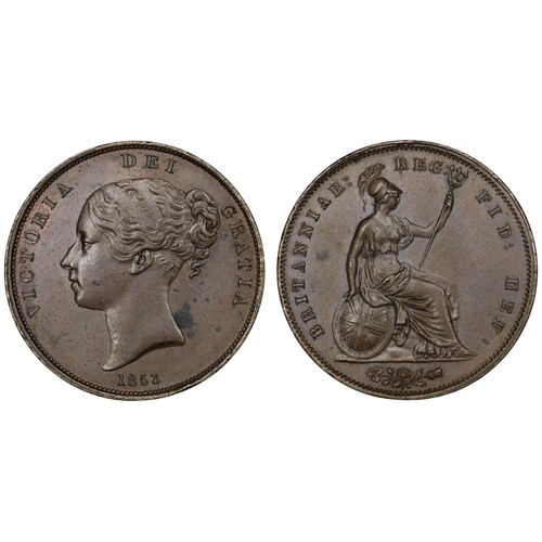 21 - 1853 Penny, Victoria. Ornamental trident with close spaced colon after DEF. Spot on truncation other... 