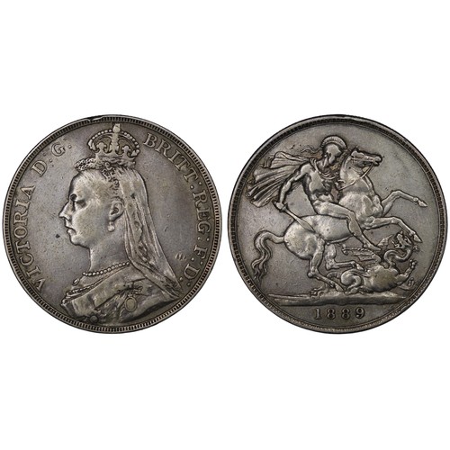 93 - 1889 Crown, Victoria. Obv. Jubilee bust, Rev. St. George & Dragon. A couple of edge knocks and d... 