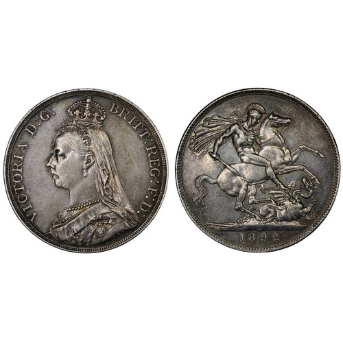 94 - 1892 Crown, Victoria. Obv. Jubilee bust, Rev. St. George & Dragon. Dark toned with some cleaning... 