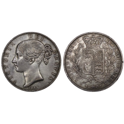 89 - 1845 Crown, Victoria. Cinquefoil stops on edge. A couple of edge knocks, deeper toned. Wiped with li... 