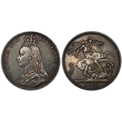 92 - 1887 Crown, Victoria. Obv. Jubilee bust, Rev. St. George & Dragon. Cleaned now deeply re-toned w... 