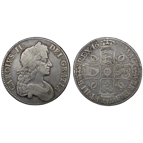 82 - 1679 Crown, Charles II. 4th bust, edge TRICESIMO PRIMO. 6 strings in harp (unrecorded in Bull). Some... 