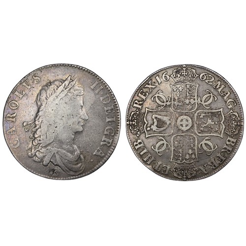 81 - 1662 Crown, Charles II. Rose below bust, edge DECVS ET TVTAMEN. 12 strings in harp (unrecorded in Bu... 