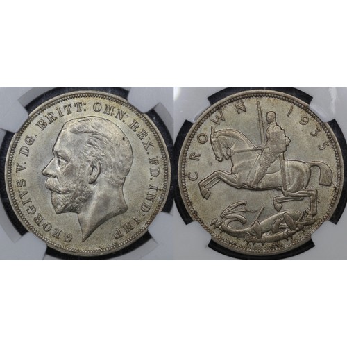 104 - 1935 Crown, George V. Graded NGC MS64, with underlying mint lustre. A superb example of a common coi... 