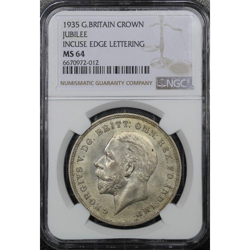 104 - 1935 Crown, George V. Graded NGC MS64, with underlying mint lustre. A superb example of a common coi... 