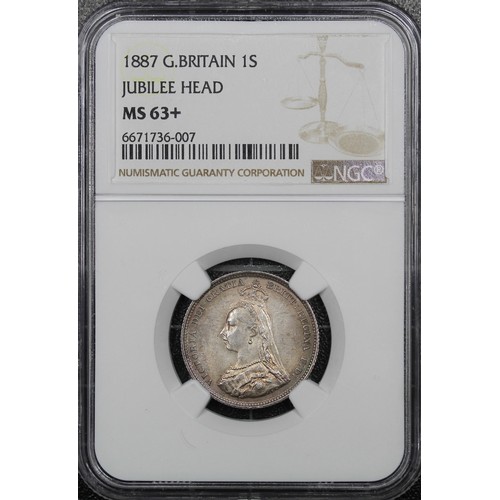 54 - 1887 Shilling, Victoria. Obv. Jubilee head, Rev. square-topped shield within Garter. Graded NGC MS63... 