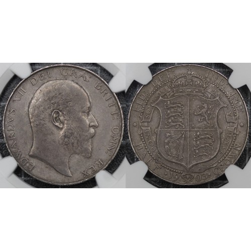 1903 Halfcrown, Edward VII. Graded NGC AU50, perhaps a little harshly in our opinion. The obverse with plenty of hair detail remaining, the reverse well struck with full garter legend and lions faces clear and without the usual weakness to the top of the shield. Steel grey toned. One of the key series dates. gVF/nEF, scarce. [ESC 748, Bull 3569, S.3980]