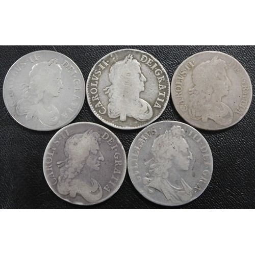 107 - Crowns (5) comprising 1670, 1671 (2nd bust), 1673 (stop after HIB), 1684 & 1695. Generally Fair ... 