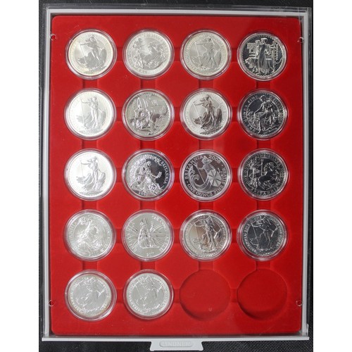 246 - A Lindner tray of silver Britannia coins (18) comprising a full date run from 1998 to 2016 (excl. 20... 