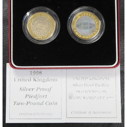 188 - Silver proof piedfort 2-coin £2 set which includes 1998 & 1999 Rugby Hologram issues. Both nFDC/... 