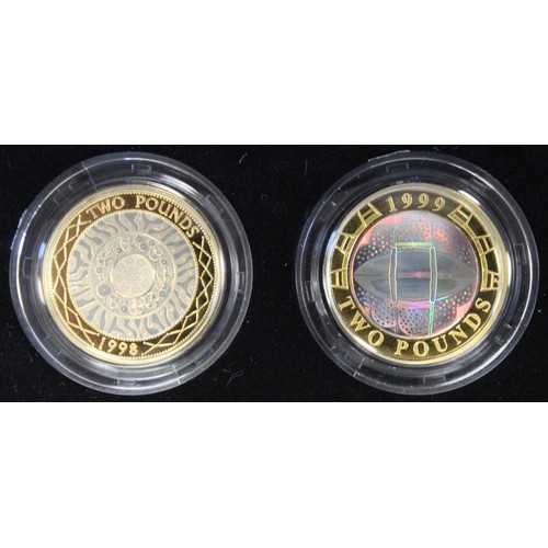 188 - Silver proof piedfort 2-coin £2 set which includes 1998 & 1999 Rugby Hologram issues. Both nFDC/... 