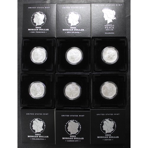 309 - The full 2021 Morgan & Peace dollar collection including Carson City, Philadelphia, Denver, New ... 