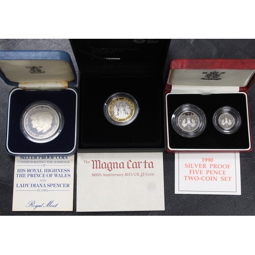 228 - A small silver proof assortment (3) comprising 2015 Magna Carta £2, 1981 Charles & Diana crown &... 