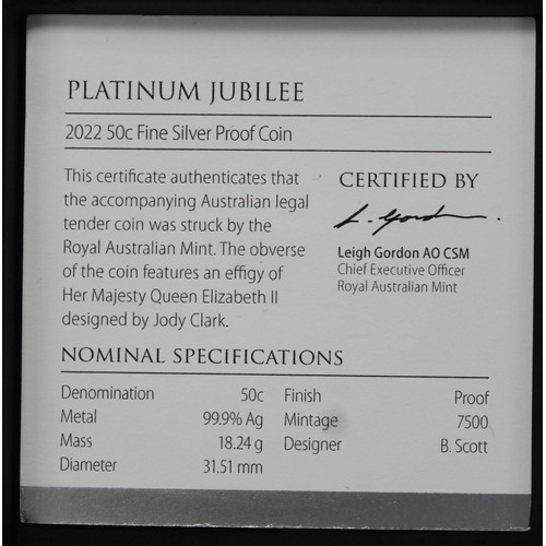 251 - The Platinum Jubilee, a coin and stamp pair including Australia silver proof 50 cents, as issued, ca... 