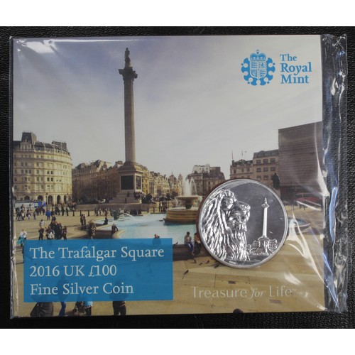 226 - BUNC 2016 Fine silver £100 coin featuring Trafalgar Square. In Royal Mint pack.