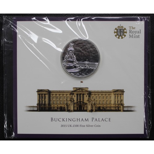 225 - BUNC 2015 Fine silver £100 coin featuring Buckingham Palace. In Royal Mint pack.