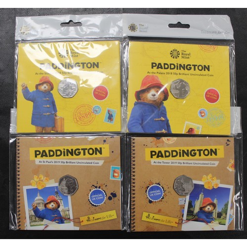 201 - 2018 & 2019 BUNC Paddington Bear 50p coin set including all four issues; Station, Palace, St. Pa... 