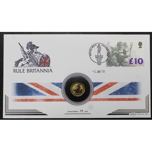 159 - 2019 ¼oz gold Britannia £25 in PNC/First Day Cover. aUNC. Complete with COA and presented in black f... 