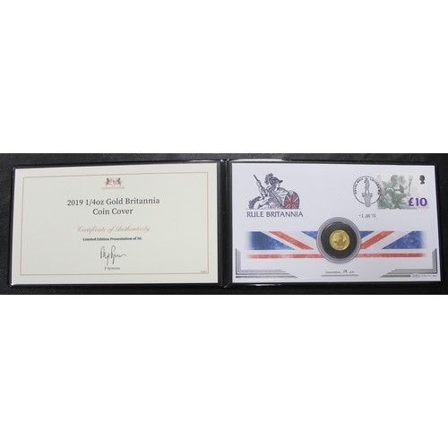 159 - 2019 ¼oz gold Britannia £25 in PNC/First Day Cover. aUNC. Complete with COA and presented in black f... 