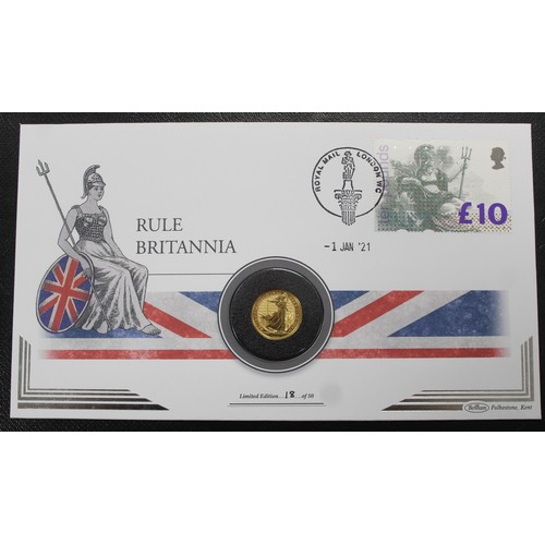 160 - 2021 ¼oz gold Britannia £25 in PNC/First Day Cover. aUNC. Complete with COA and presented in black f... 