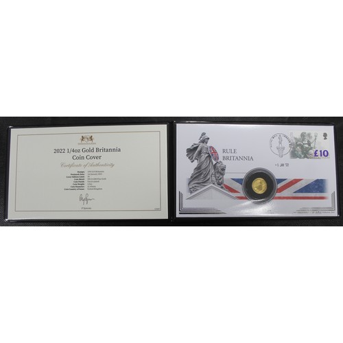 161 - 2022 ¼oz gold Britannia £25 in PNC/First Day Cover. aUNC. Complete with COA and presented in black f... 