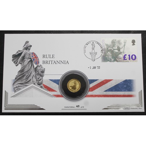 161 - 2022 ¼oz gold Britannia £25 in PNC/First Day Cover. aUNC. Complete with COA and presented in black f... 