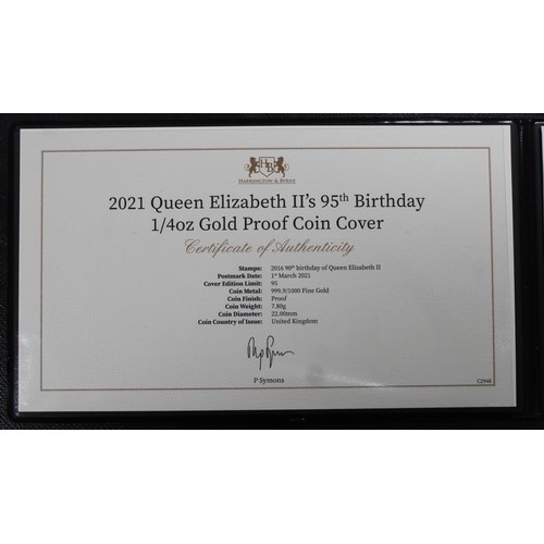 158 - 2021 ¼oz gold proof £25 commemorating the 95th Birthday of Queen Elizabeth II in PNC/First Day Cover... 