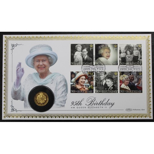 158 - 2021 ¼oz gold proof £25 commemorating the 95th Birthday of Queen Elizabeth II in PNC/First Day Cover... 