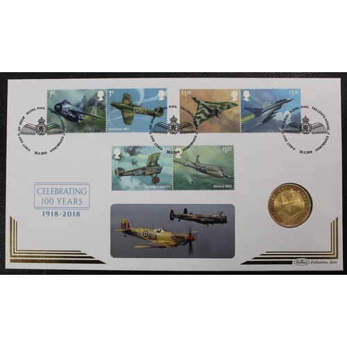 145 - 2018 Gold proof RAF Spitfire £2 in PNC/First Day Cover commemorating the 100th Anniversary of the Ro... 